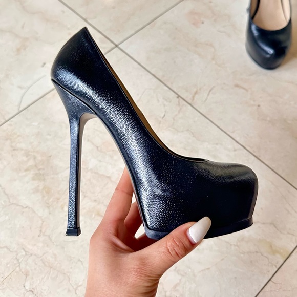 YSL Saint Laurent Black Leather Platform Tribtoo Pumps Heels 37.5 Like NEW - Picture 2 of 6